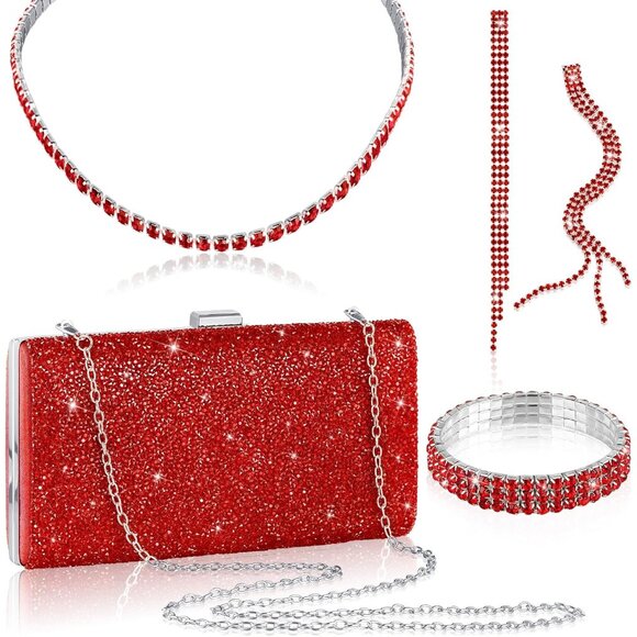 Red glitter evening jewelry set with clutch purse, necklace, bracelet and earrin - Picture 1 of 6